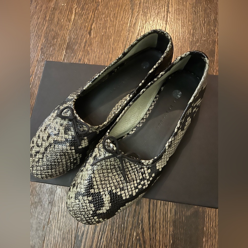 Freda Salvador Snake-Print Black and Cream Pointed Toe Flats